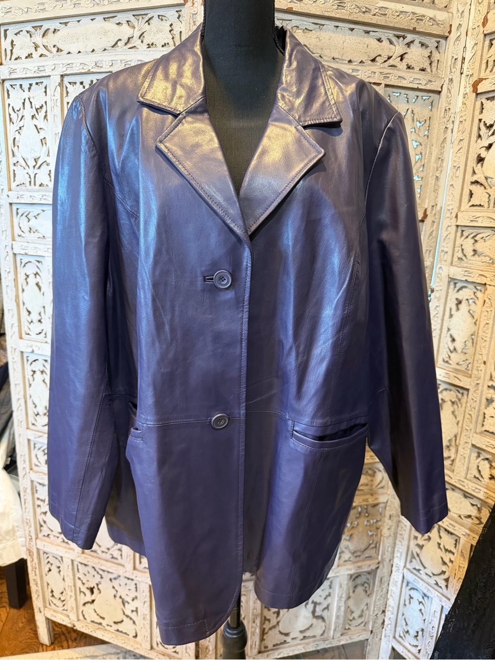 Maggie Barnes Deep Purple Leather Button Jacket